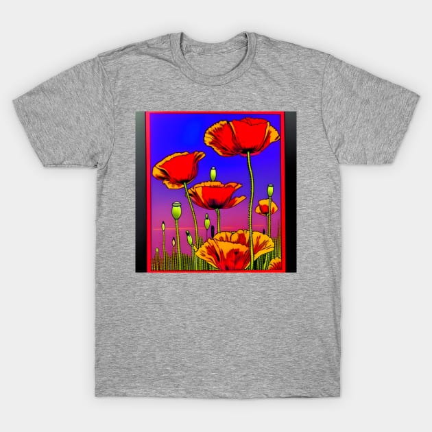 Retro Graphic Novel Style Field of Red Poppies (MD23Mrl014) T-Shirt by Maikell Designs